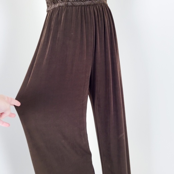 Vintage jumpsuit brown wide leg loose t-shirt bodycon fit flare scoop neckline - Picture 9 of 14